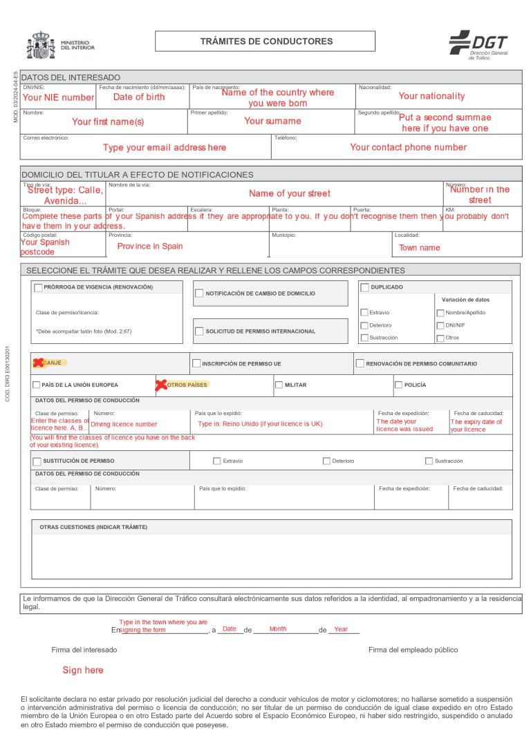 Change UK driving licence to Spanish application form